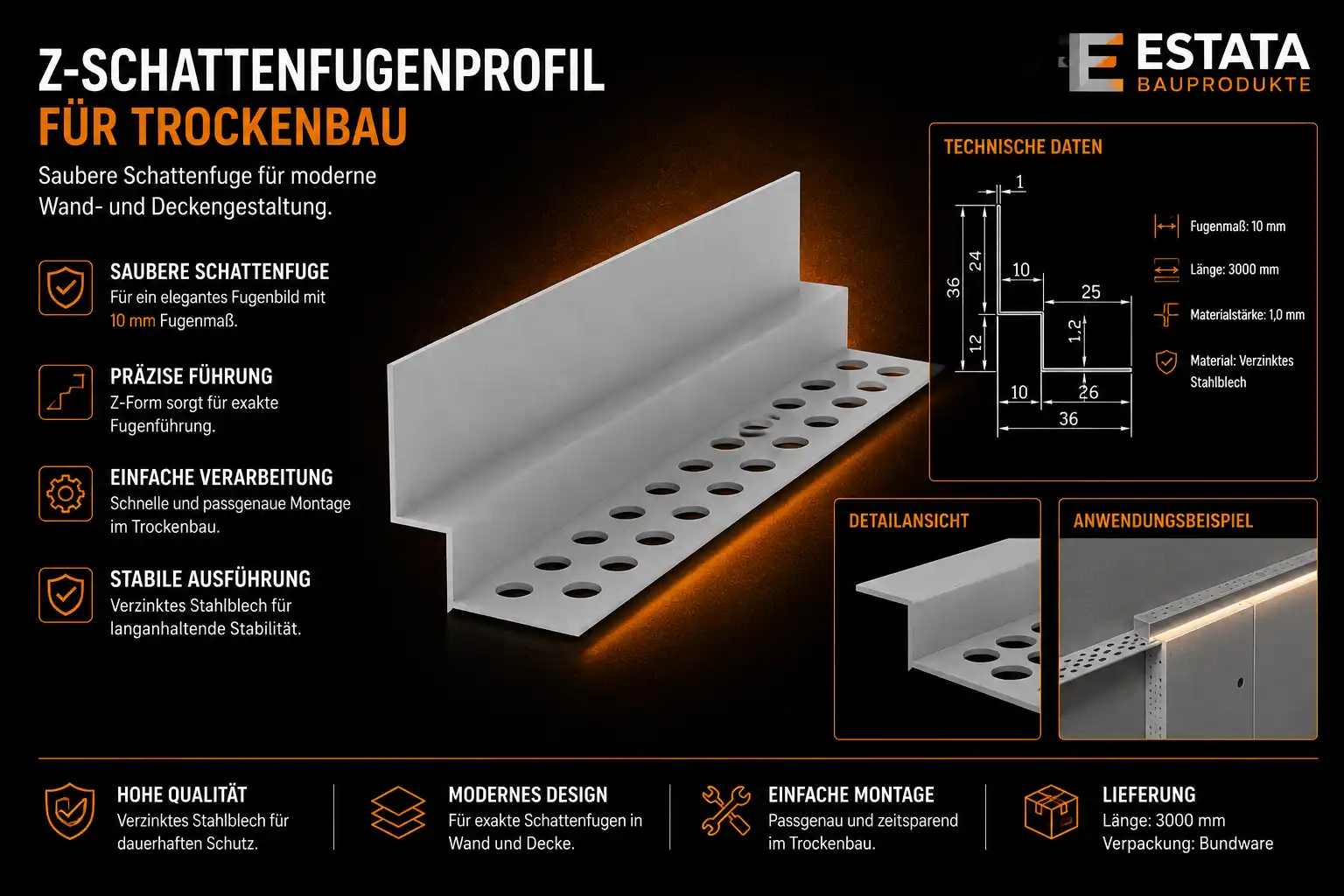 Z-Schattenfugenprofil FG-4 mit 10 mm