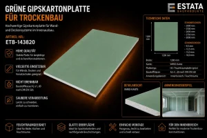 Imprägnierte Gipskartonplatte Grün 12,5 mm für Feuchträume im Trockenbau.